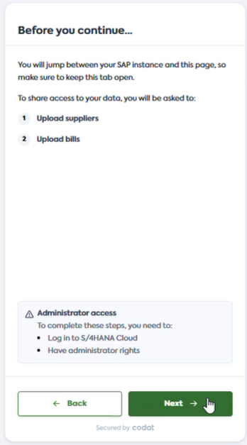 User interface of Codat's Link flow with the disclaimer screen that explains the file sharing process.